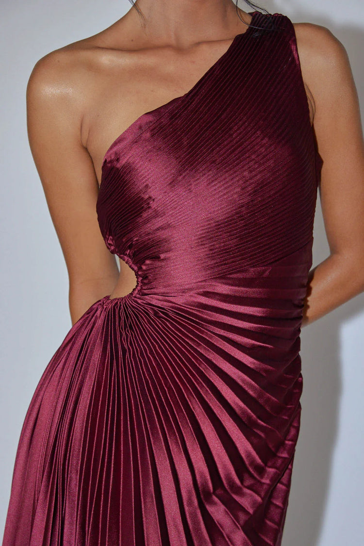 One Shoulder Pleated Satin Asymmetric Wine Midi Dress