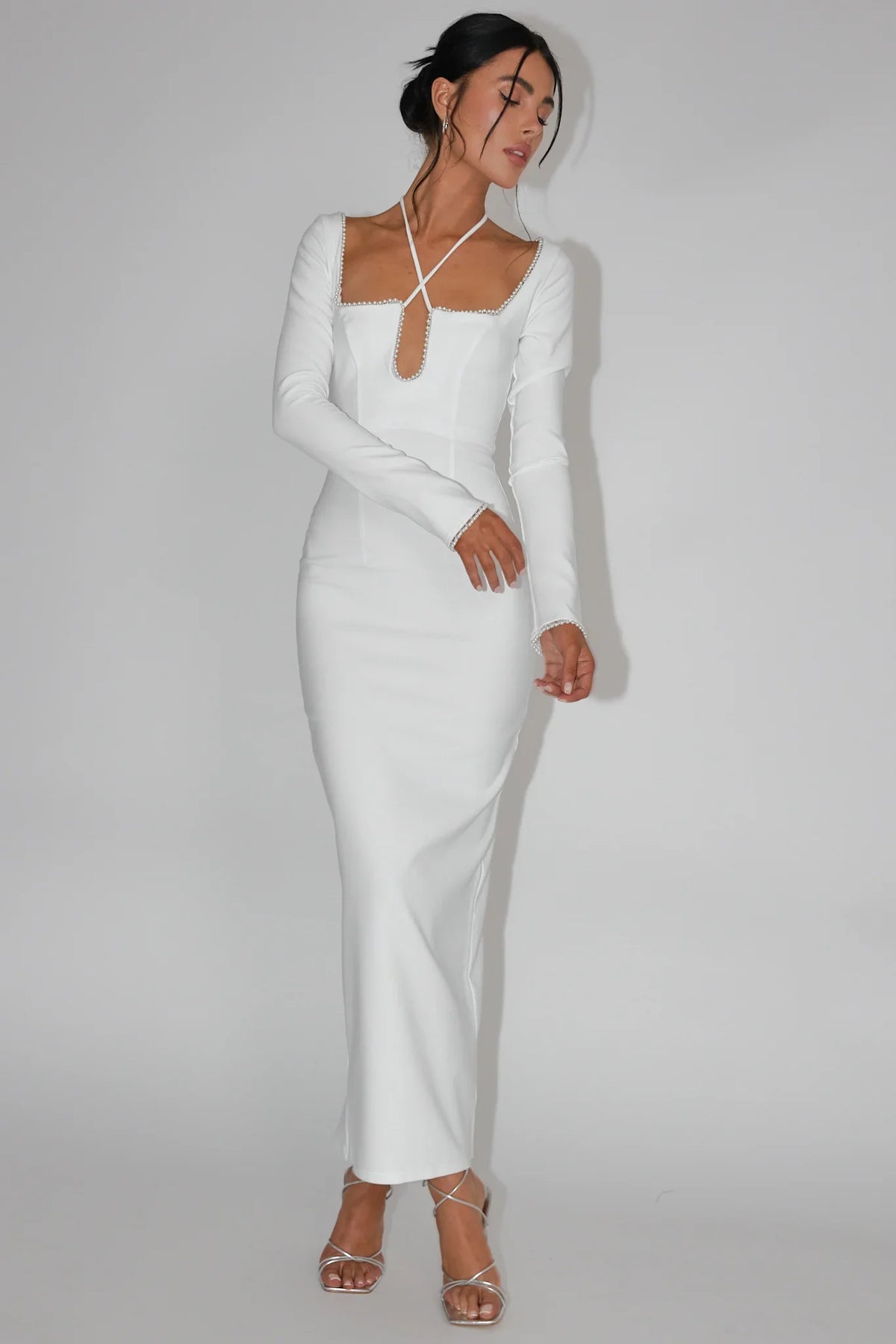 Long Sleeve Pearl Trim Cutout Fitted White Maxi Dress