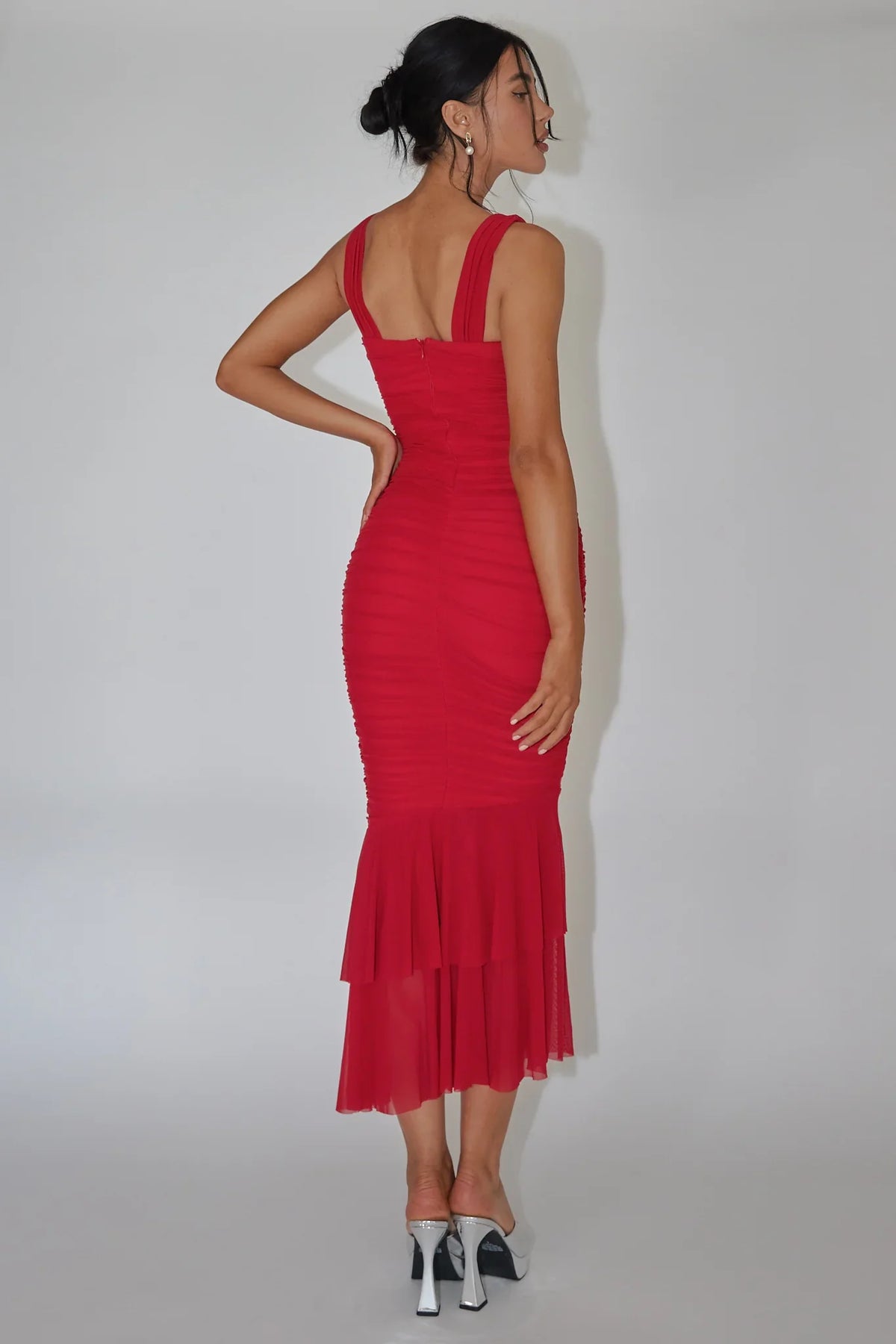 Sweetheart Ruched Mesh Fishtail Red Maxi Dress