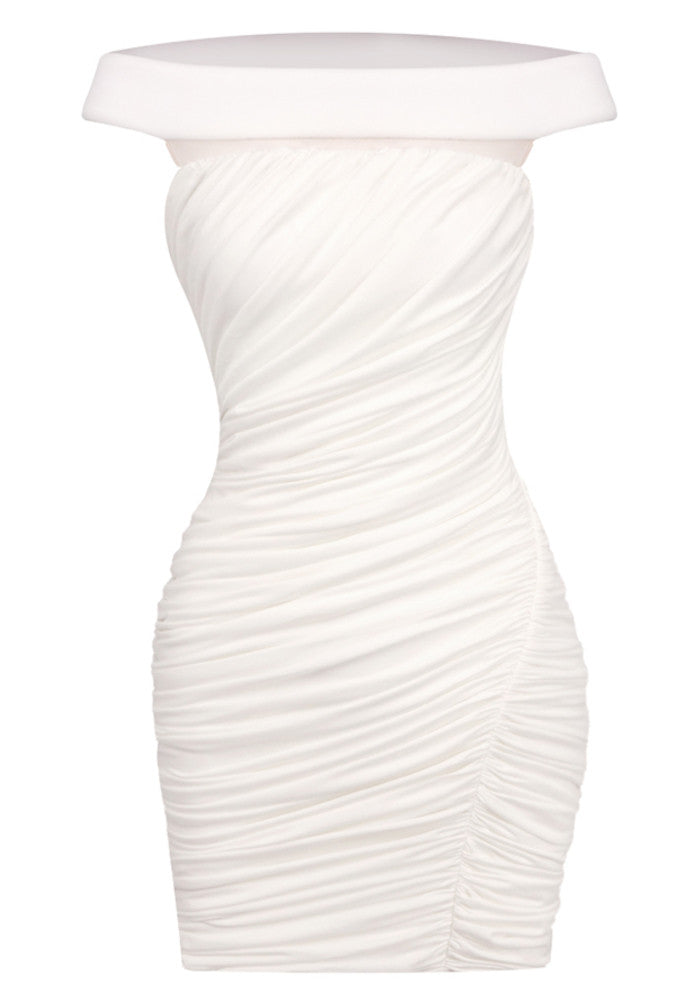 White Bardot Ruched Bodycon Mini Dress