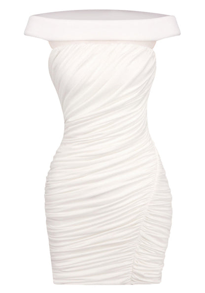White Bardot Ruched Bodycon Mini Dress