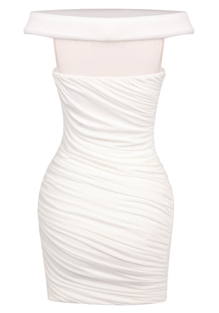 White Bardot Ruched Bodycon Mini Dress