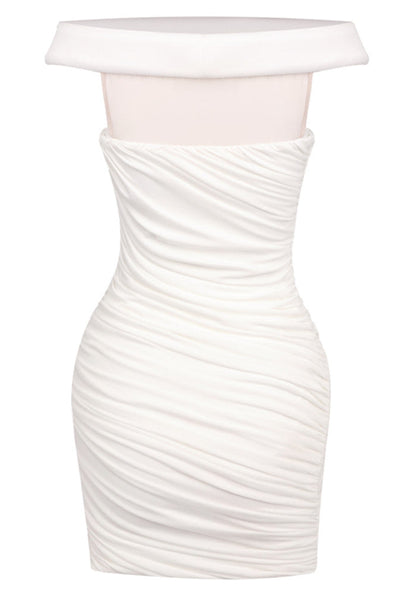 White Bardot Ruched Bodycon Mini Dress