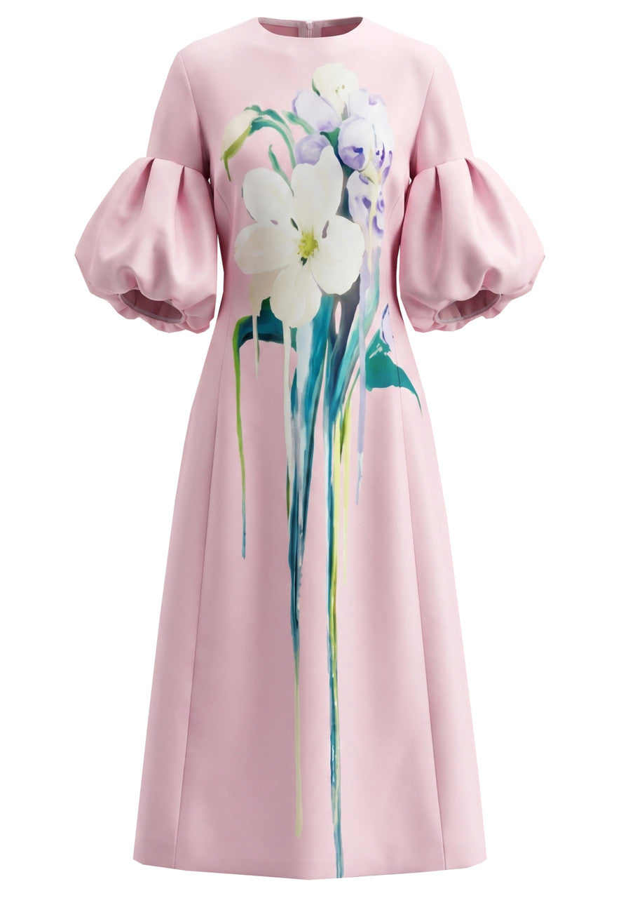 Pink Bubble Sleeve Floral Print A-Line Midi Dress