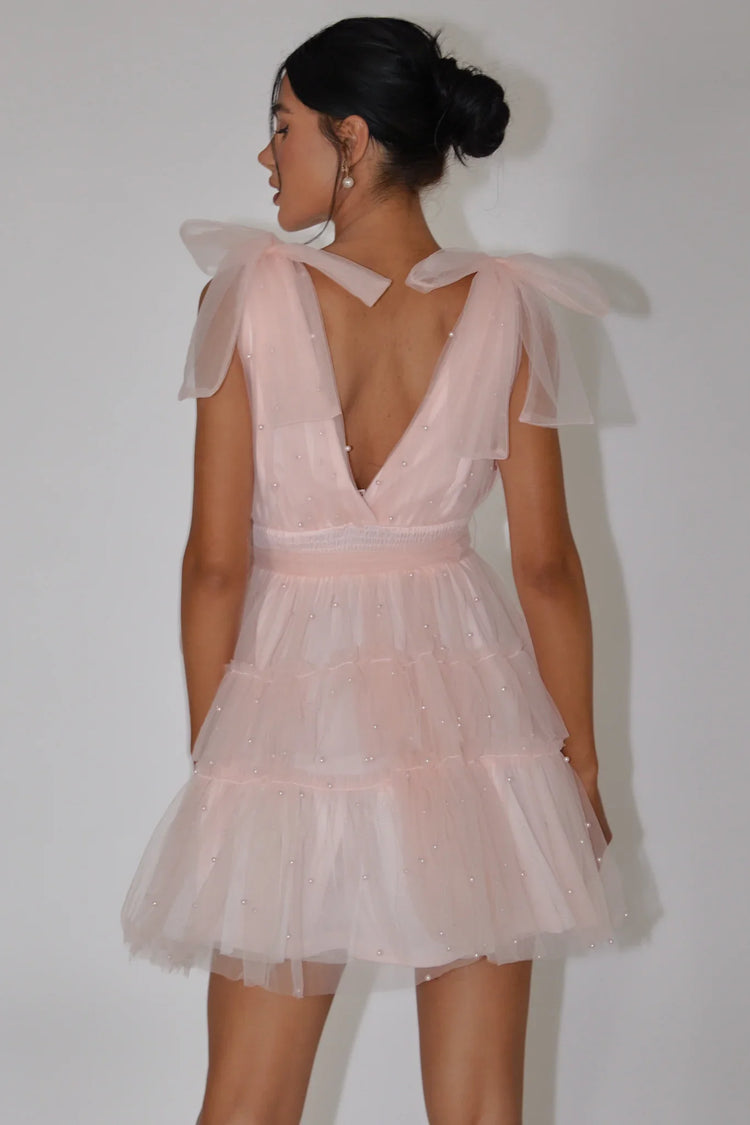 Plunge Pearl Embellished Tulle Tiered Pink Mini Dress