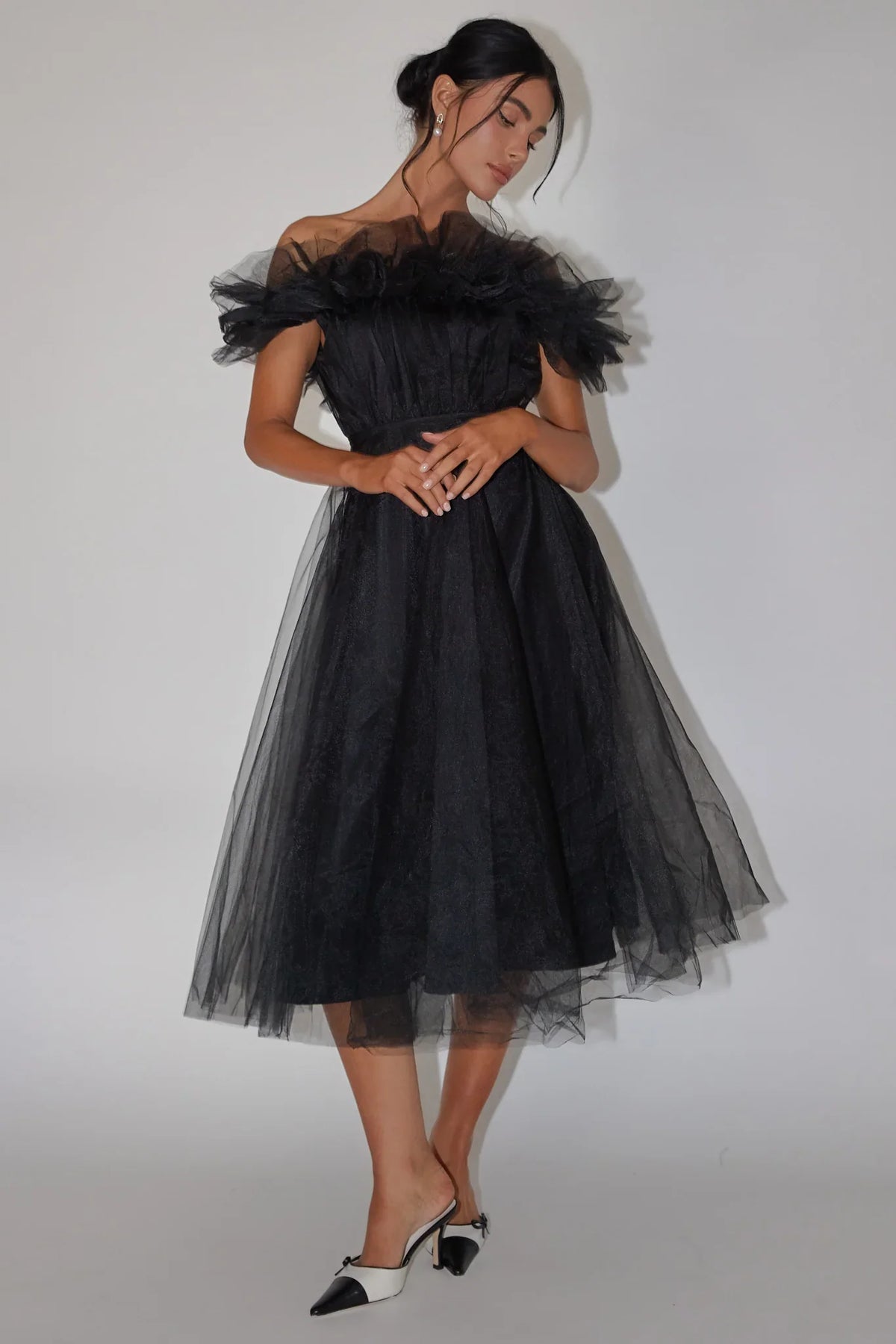 Black Midi Dress with Off-Shoulder Ruffle Tulle