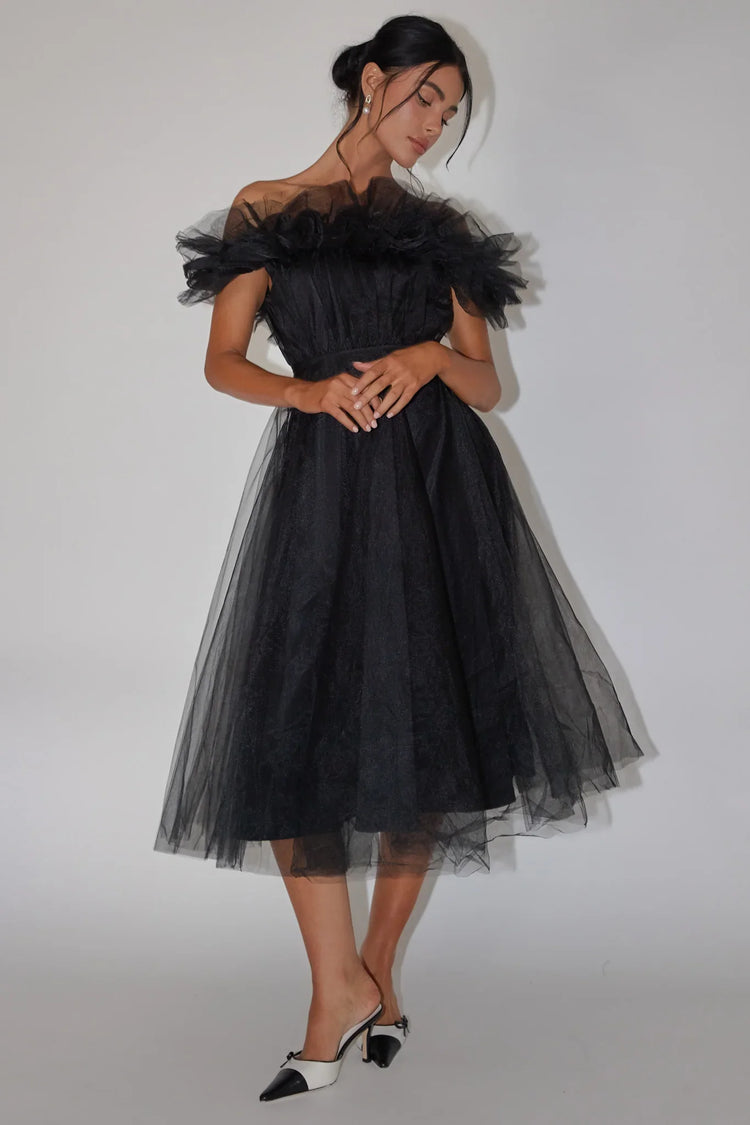 Black Midi Dress with Off-Shoulder Ruffle Tulle