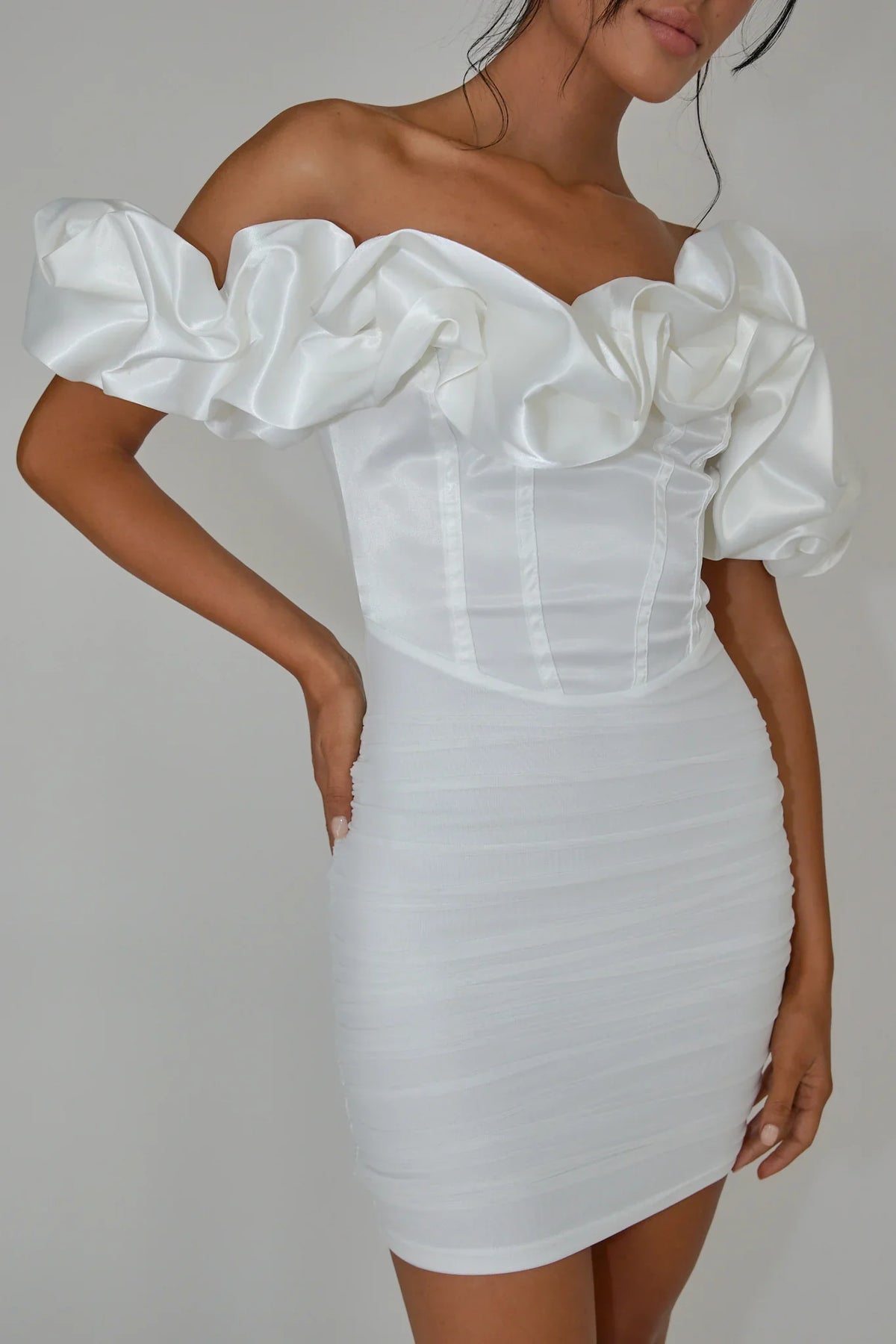 Off White Mini Dress with Off-Shoulder Ruffle Corset