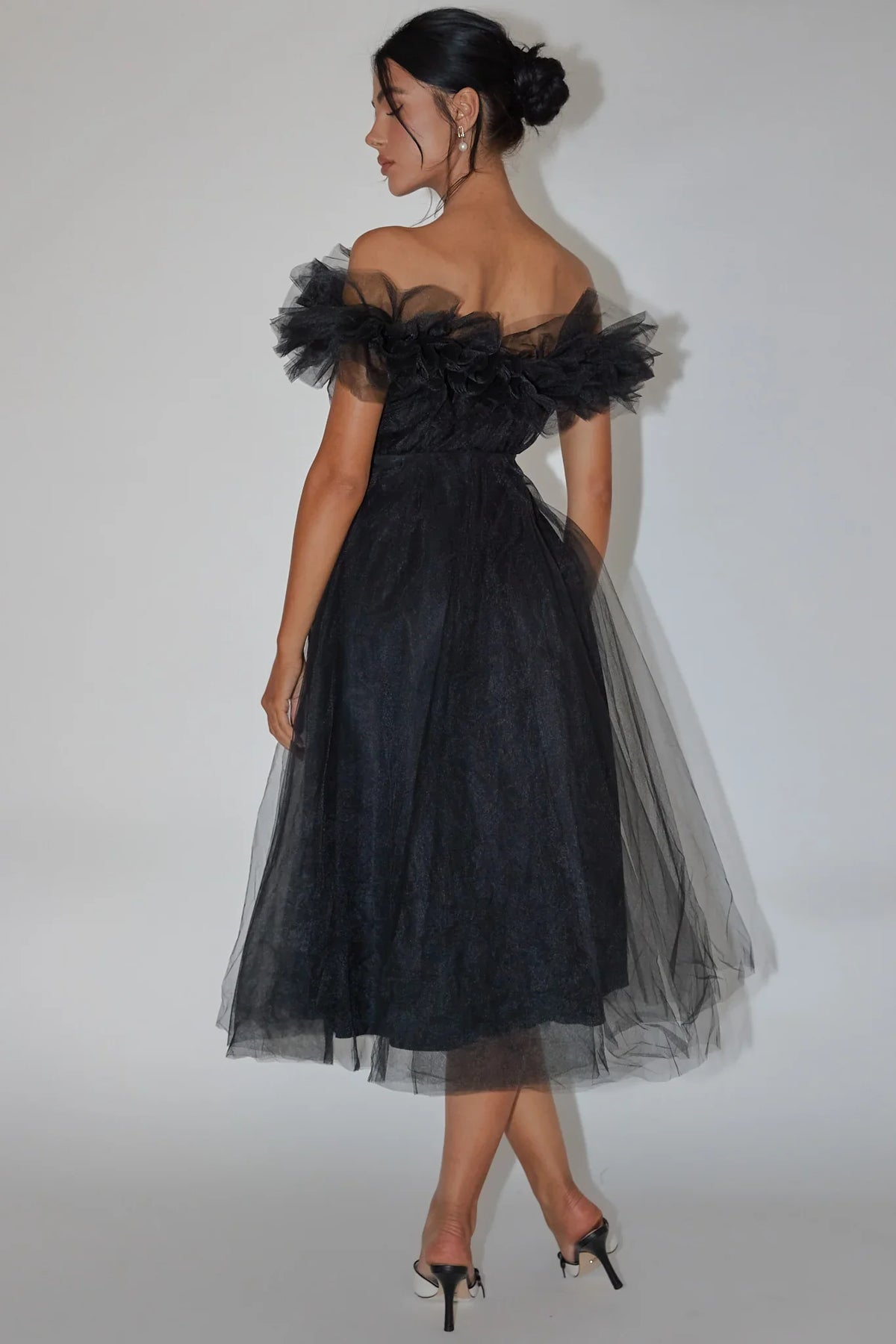 Black Midi Dress with Off-Shoulder Ruffle Tulle