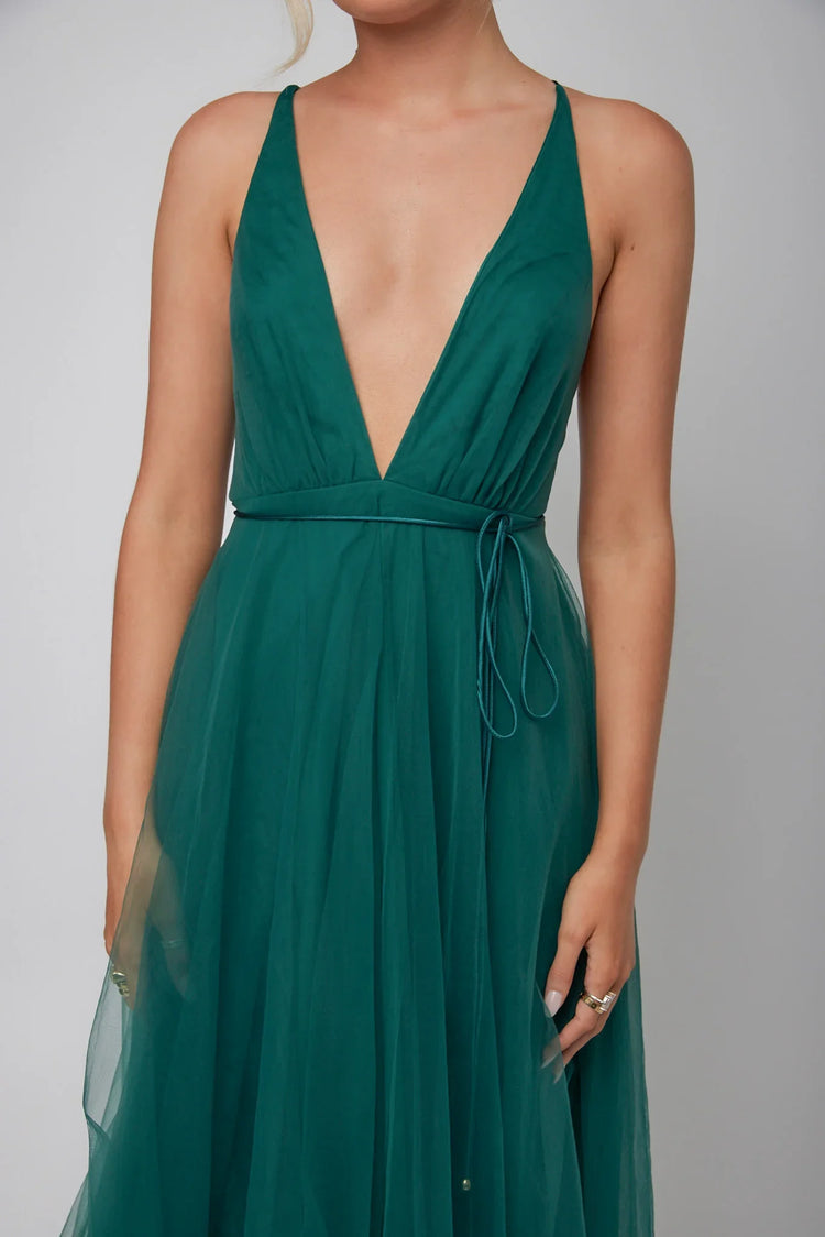 Plunge Mesh Overlay Tea Length Forest Green Midi Dress