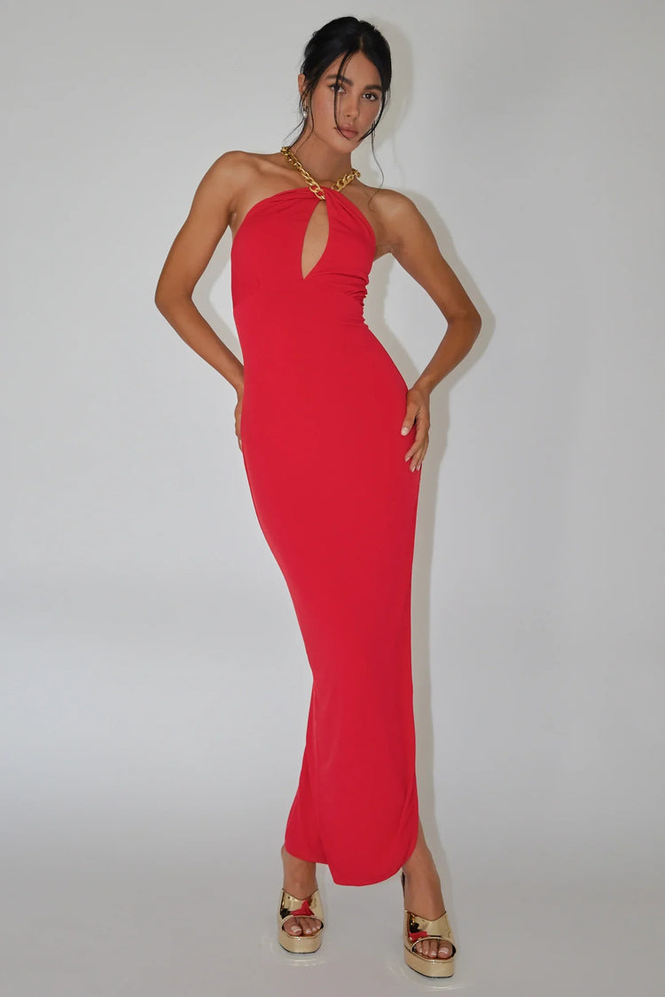 Red Midi Dress with Chain Halter Neckline