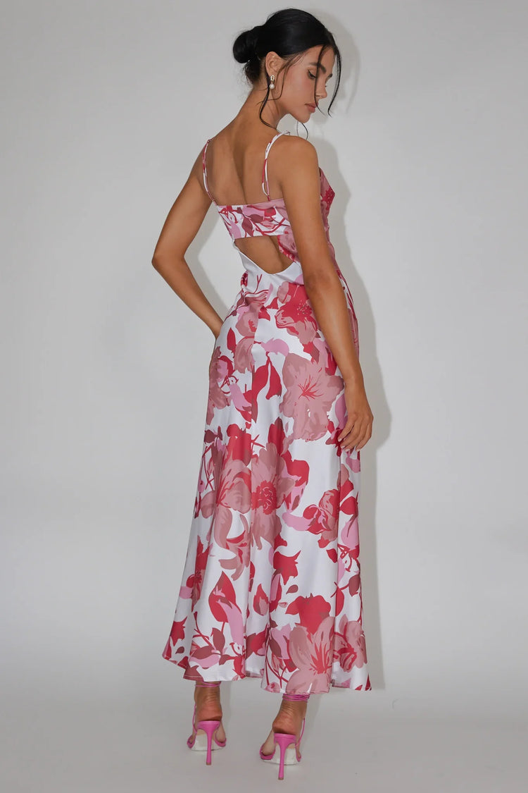 Pink Floral Print Maxi Dress with Cami Strap V-Neck