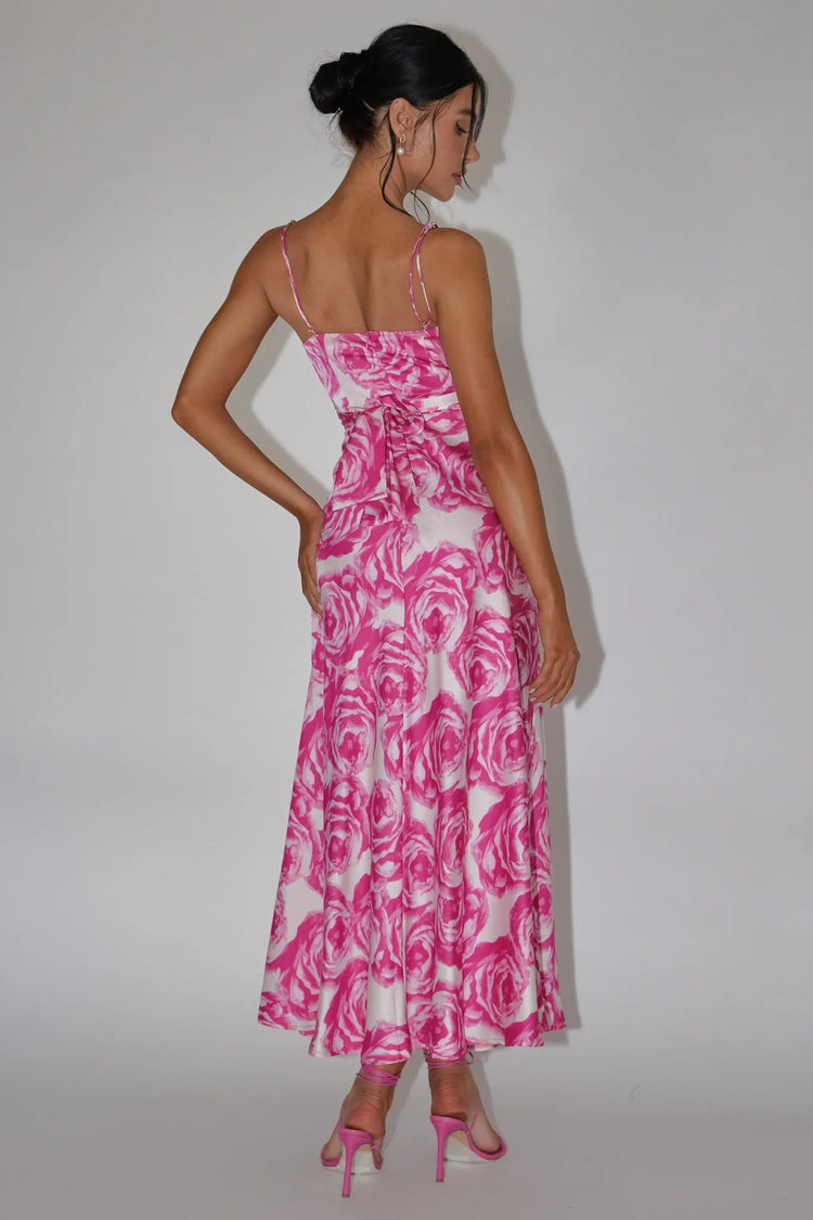 Spaghetti Strap Sweetheart Drawstring Cutout Floral Pink Maxi Dress