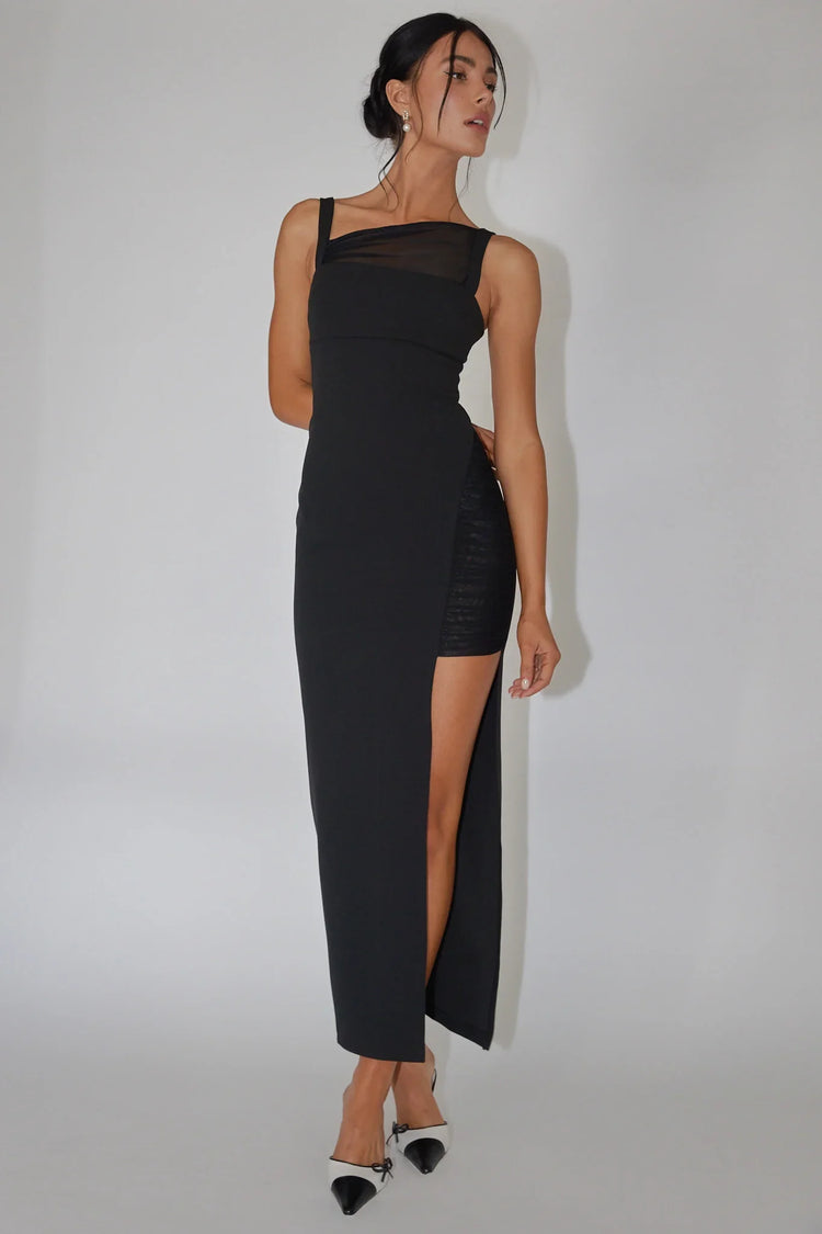 Black Midi Dress with Asymmetric Mesh High Slit