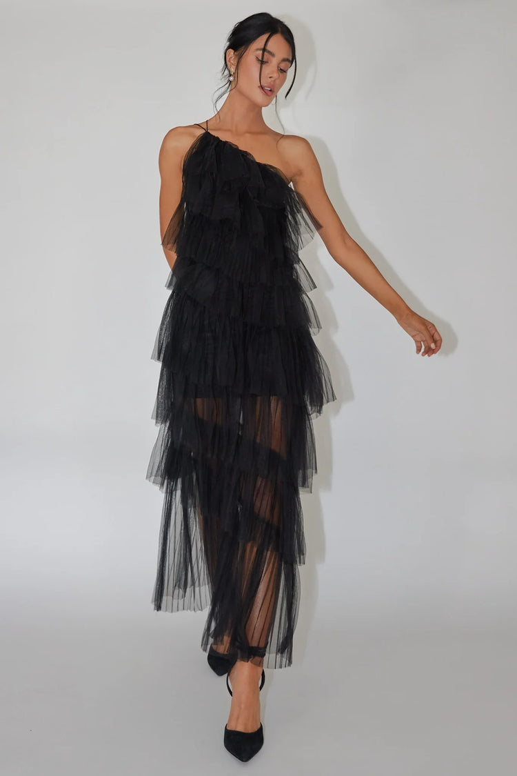 Black Maxi Dress with One-Shoulder Tiered Tulle Ruffle