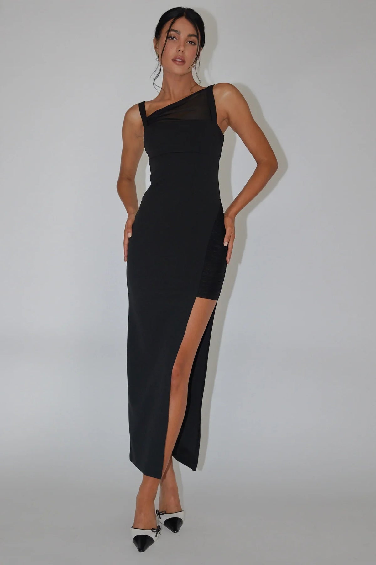 Black Midi Dress with Asymmetric Mesh High Slit