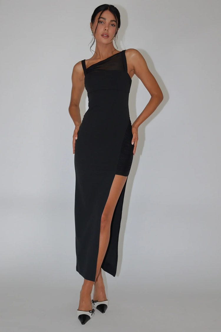 Black Midi Dress with Asymmetric Mesh High Slit