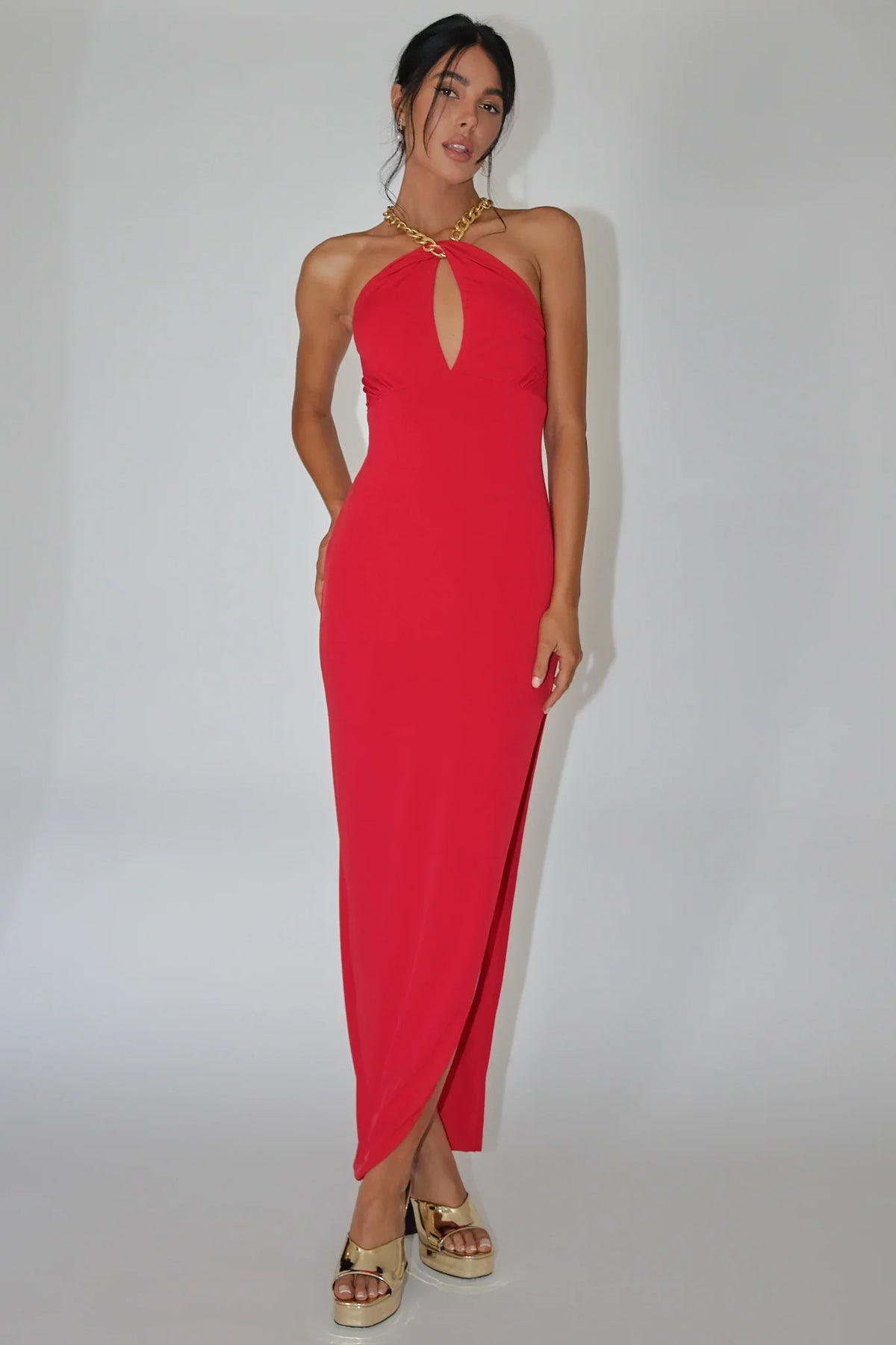Red Midi Dress with Chain Halter Neckline