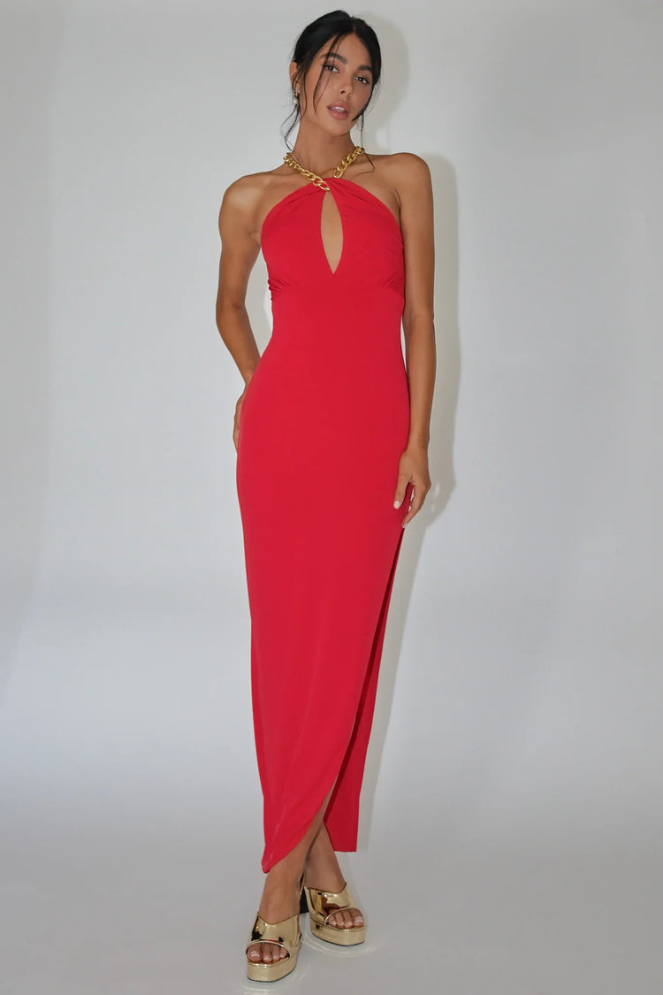 Red Midi Dress with Chain Halter Neckline