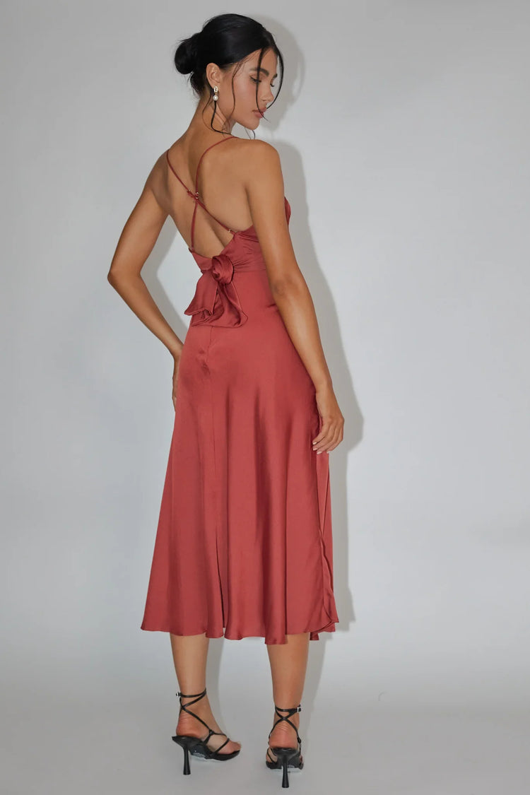 Rust Midi Dress with Cami Strap Ruched Bodice