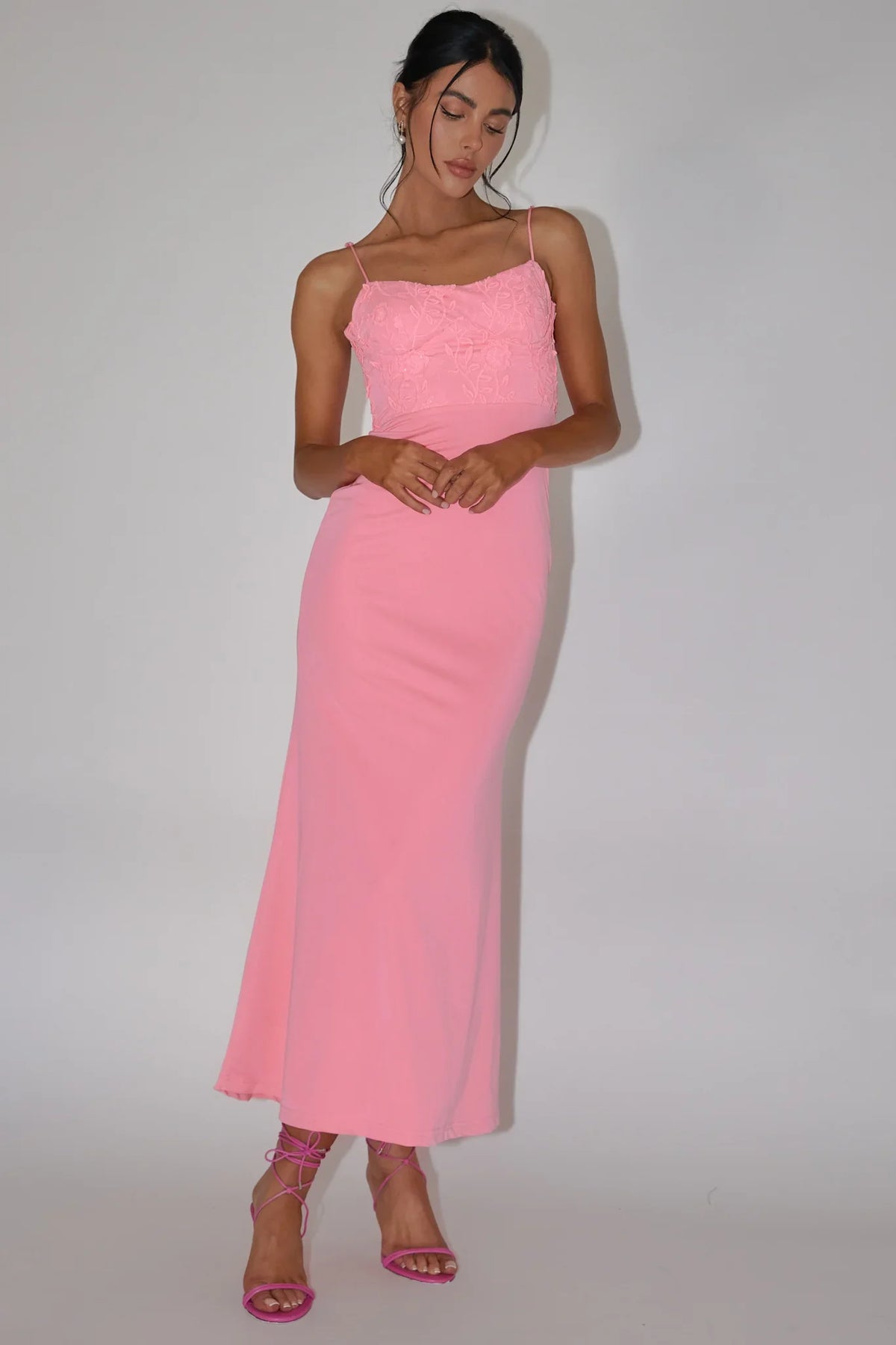 Spaghetti Strap Floral Applique Bodice Slip Pink Maxi Dress