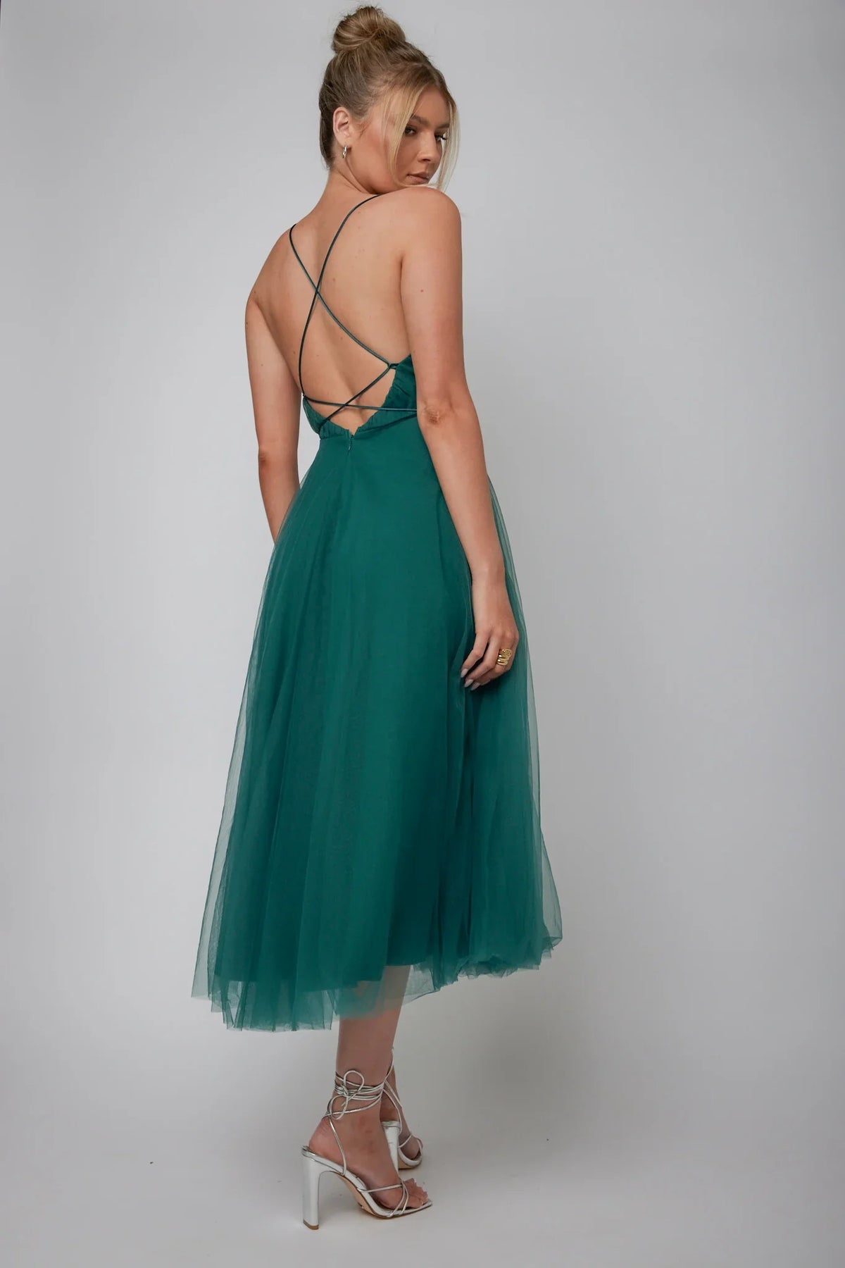 Plunge Mesh Overlay Tea Length Forest Green Midi Dress