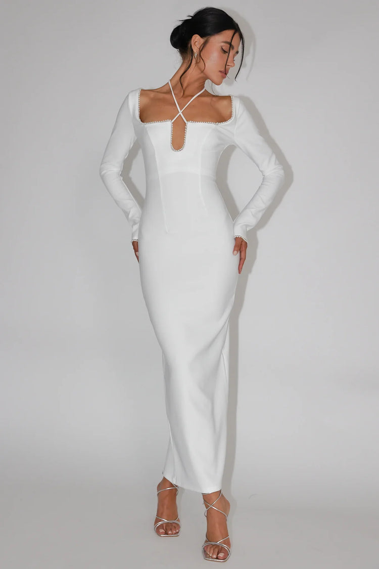 Long Sleeve Pearl Trim Cutout Fitted White Maxi Dress
