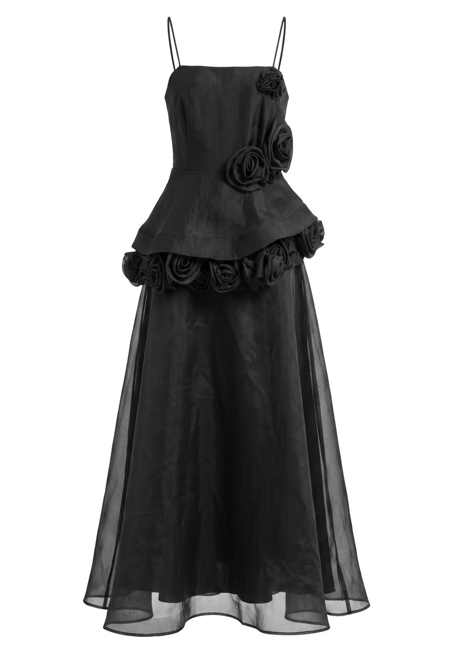 Black Floral Applique Peplum A-Line Maxi Dress