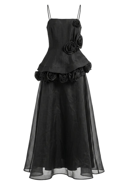 Black Floral Applique Peplum A-Line Maxi Dress