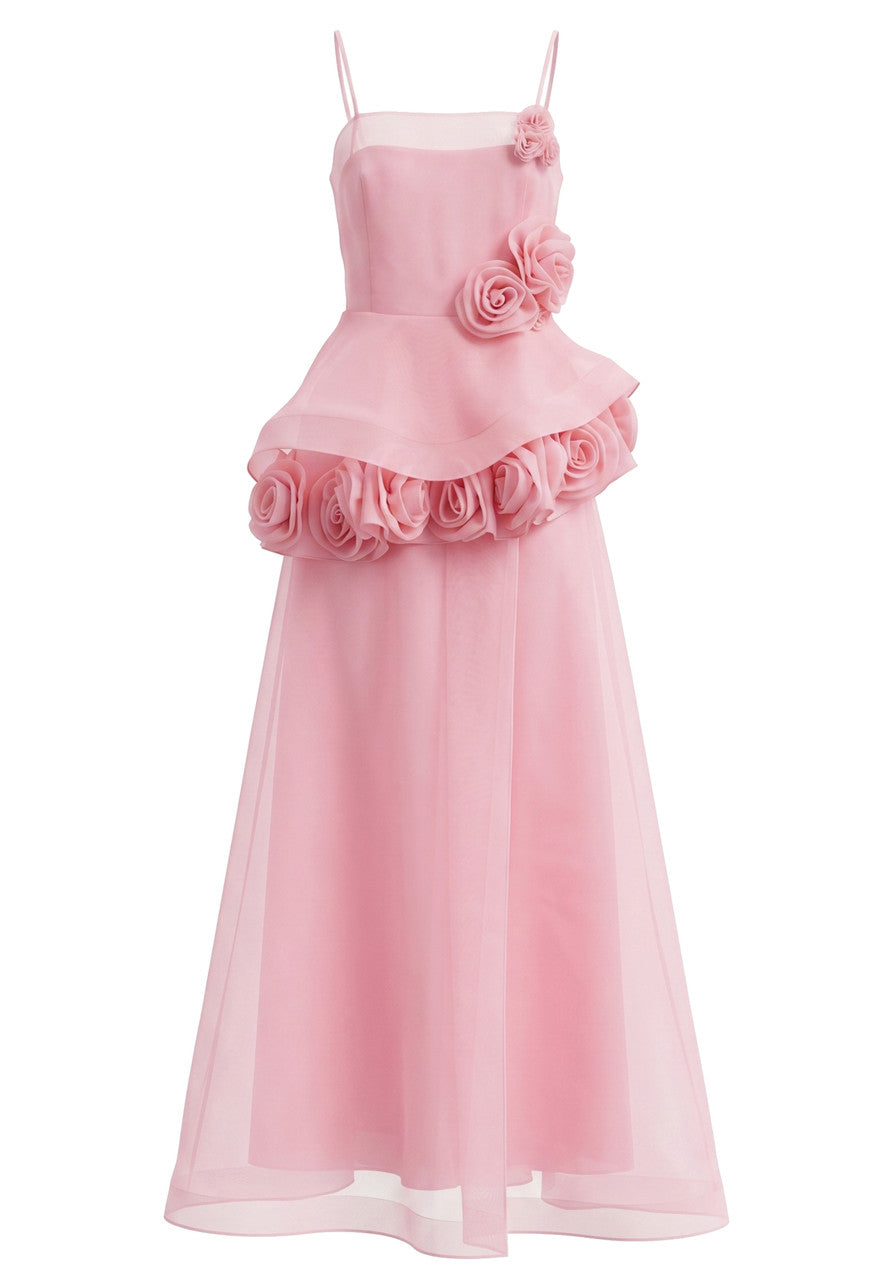 Pink Floral Applique Peplum A-Line Maxi Dress