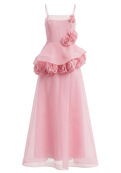 Pink Floral Applique Peplum A-Line Maxi Dress