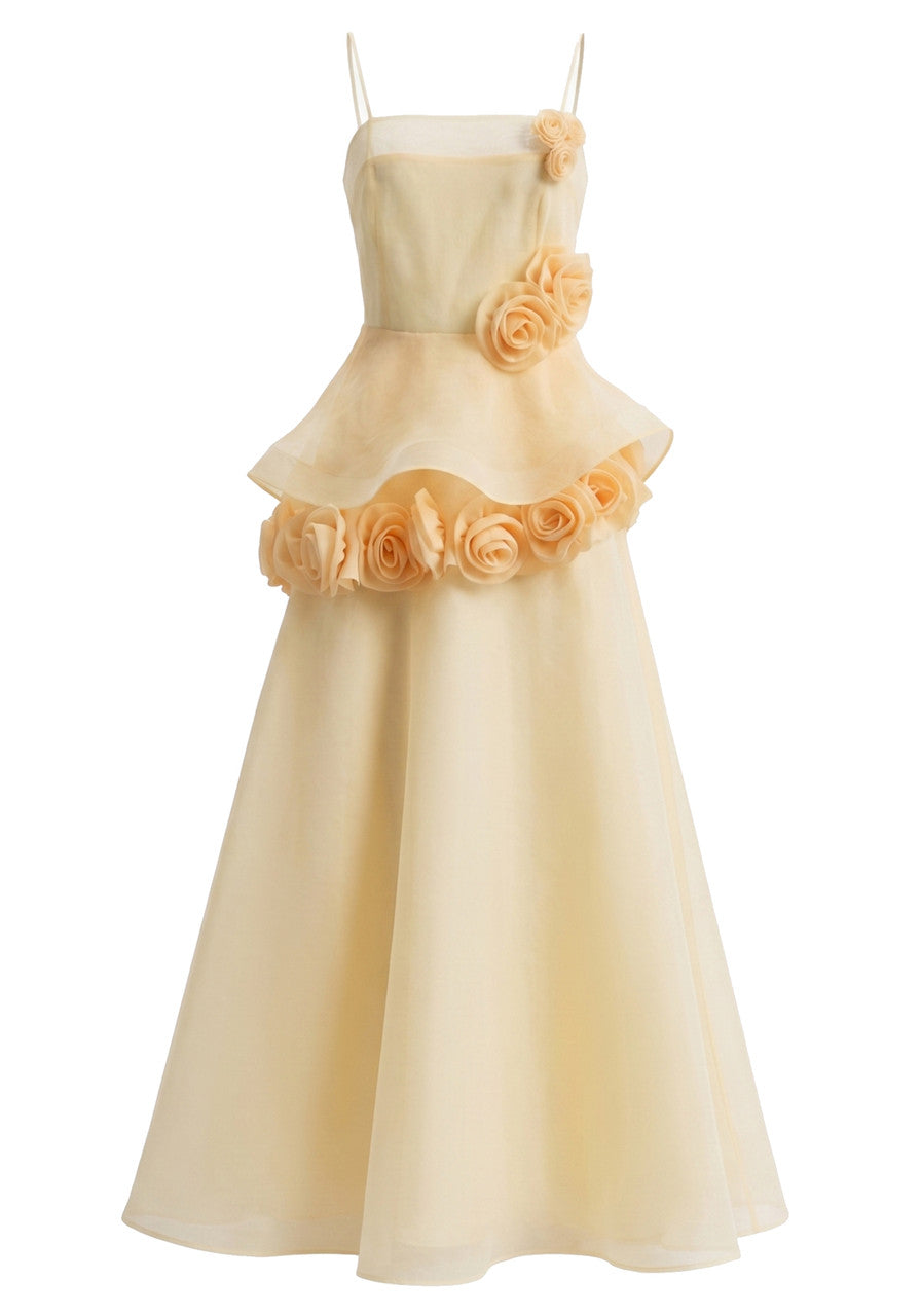 Yellow Floral Applique Peplum A-Line Maxi Dress