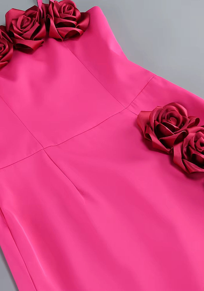 Hot Pink 3D Rose Applique Slit Midi Dress