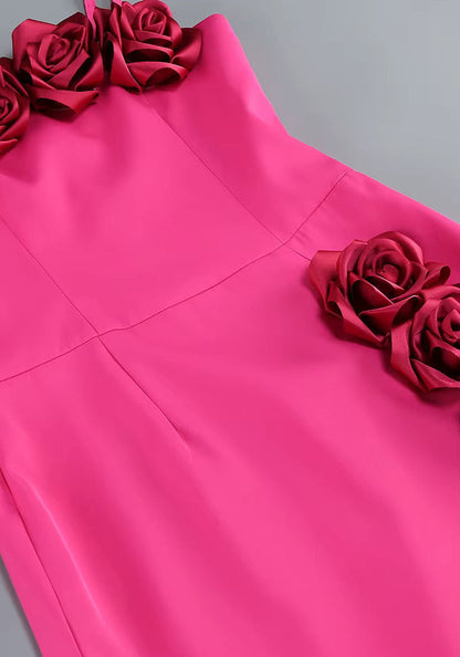 Hot Pink 3D Rose Applique Slit Midi Dress