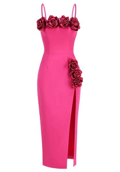 Hot Pink 3D Rose Applique Slit Midi Dress