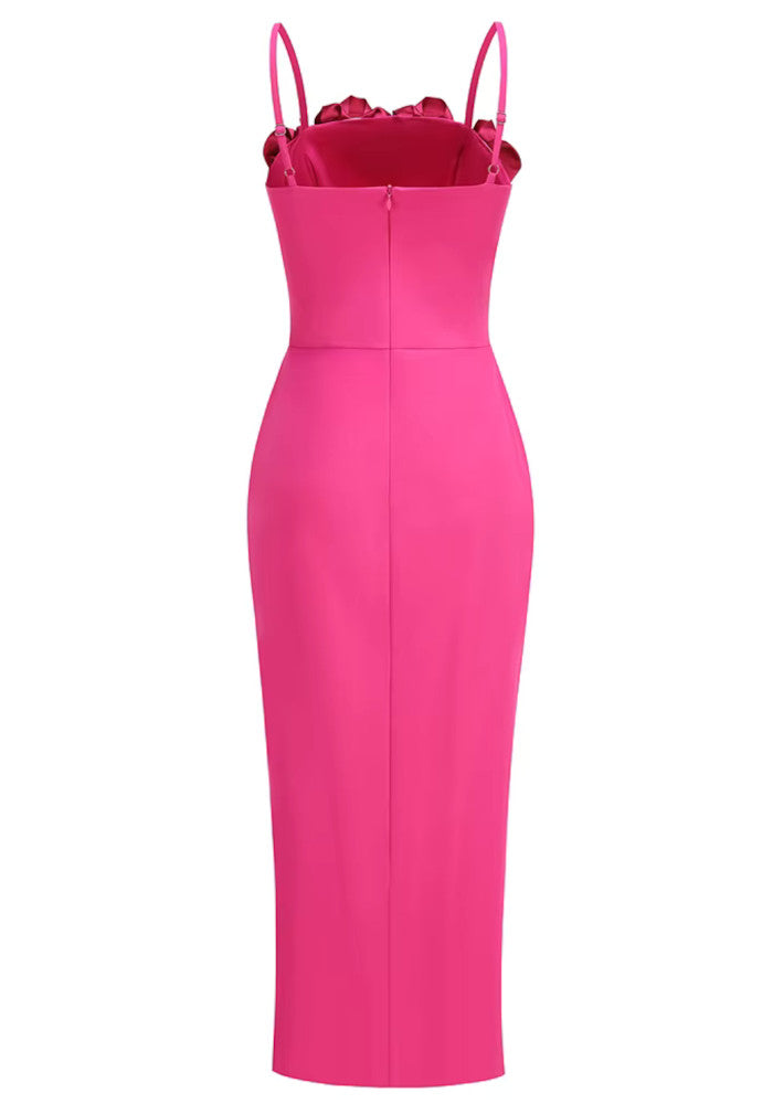 Hot Pink 3D Rose Applique Slit Midi Dress