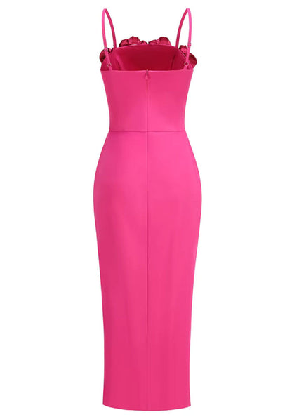 Hot Pink 3D Rose Applique Slit Midi Dress