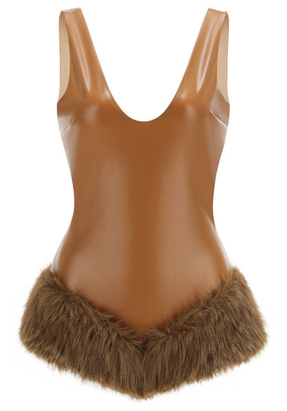 Brown V-Neck Faux Fur Trim Bodysuit