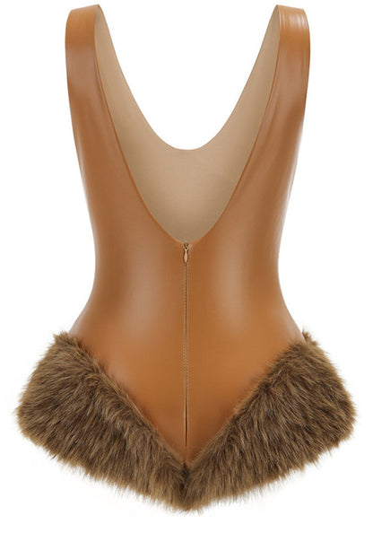 Brown V-Neck Faux Fur Trim Bodysuit