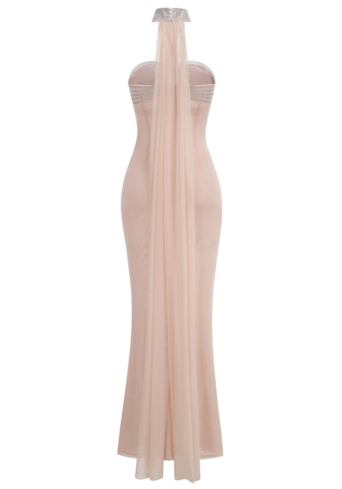 Nude Strapless Crystal Draped Maxi Dress with Choker