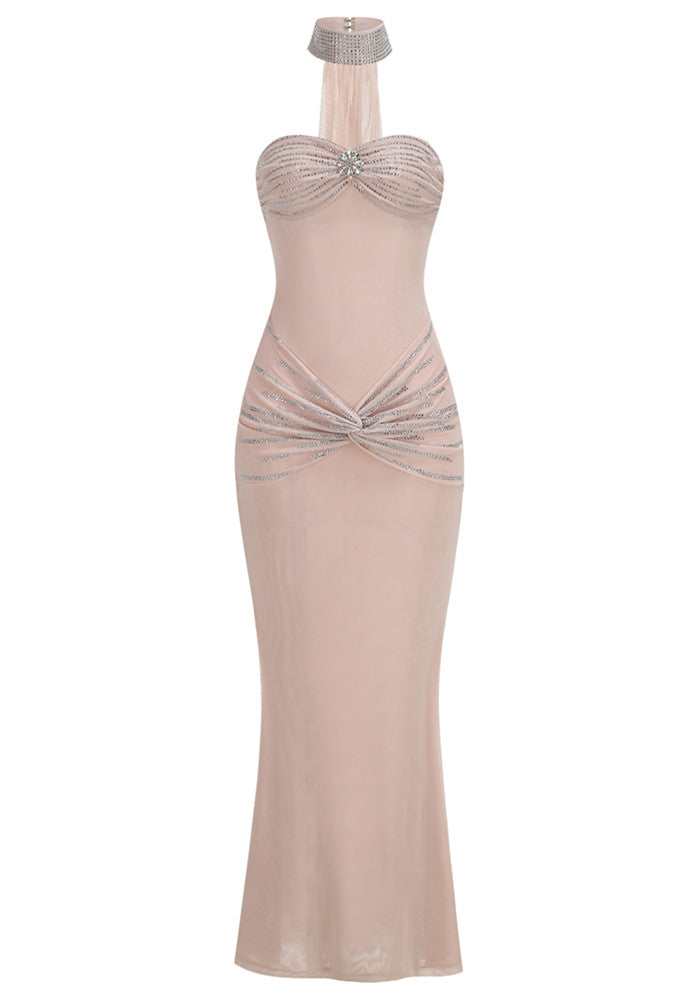 Nude Strapless Crystal Draped Maxi Dress with Choker
