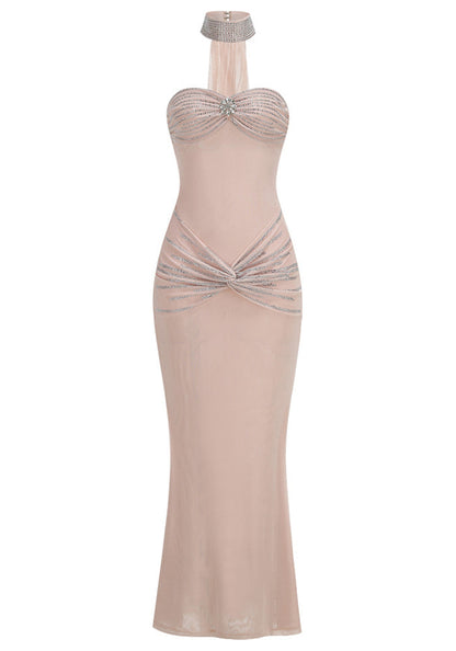 Nude Strapless Crystal Draped Maxi Dress with Choker
