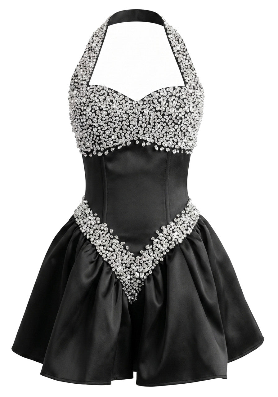 Black Halter Crystal Sequin A-Line Mini Dress