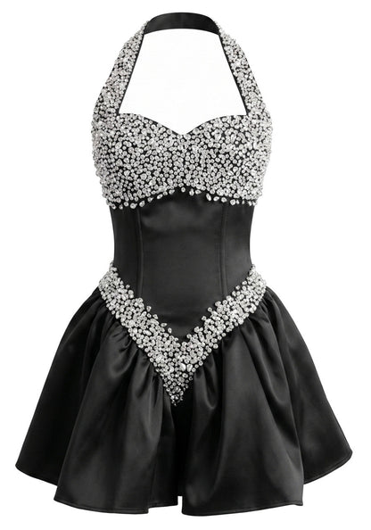 Black Halter Crystal Sequin A-Line Mini Dress