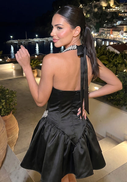 Black Halter Crystal Sequin A-Line Mini Dress