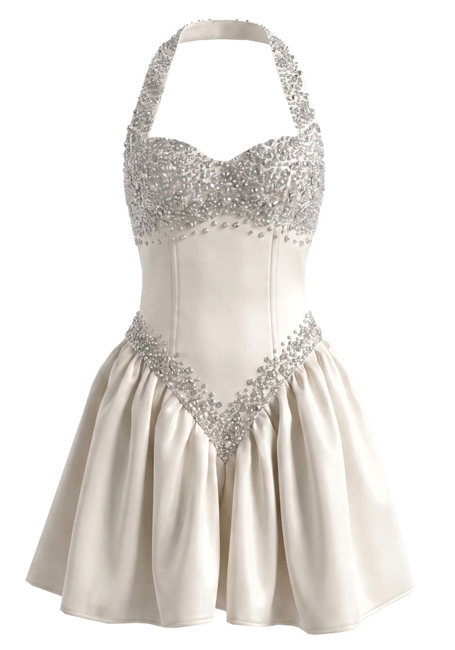 Ivory Halter Crystal Sequin A-Line Mini Dress