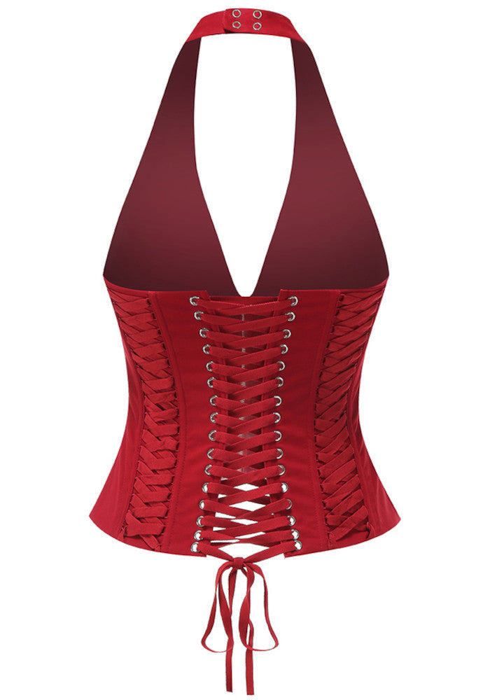 Red Halter Lace-Up Corset Top with Zip Front