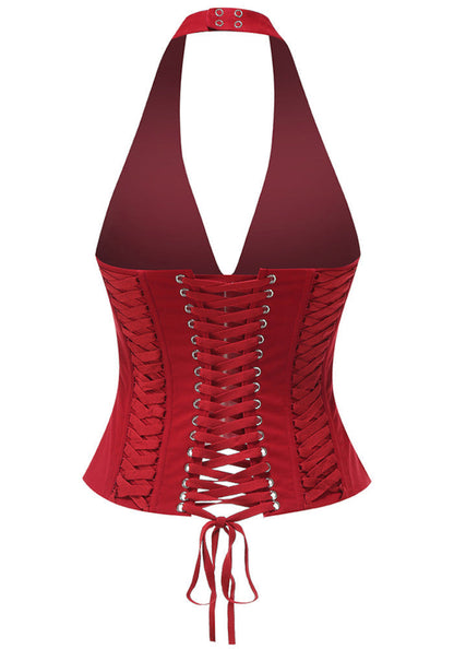 Red Halter Lace-Up Corset Top with Zip Front