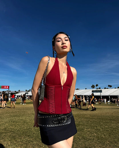 Red Halter Lace-Up Corset Top with Zip Front