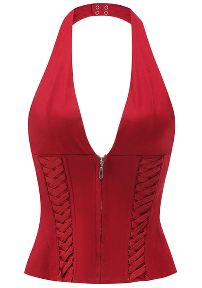Red Halter Lace-Up Corset Top with Zip Front
